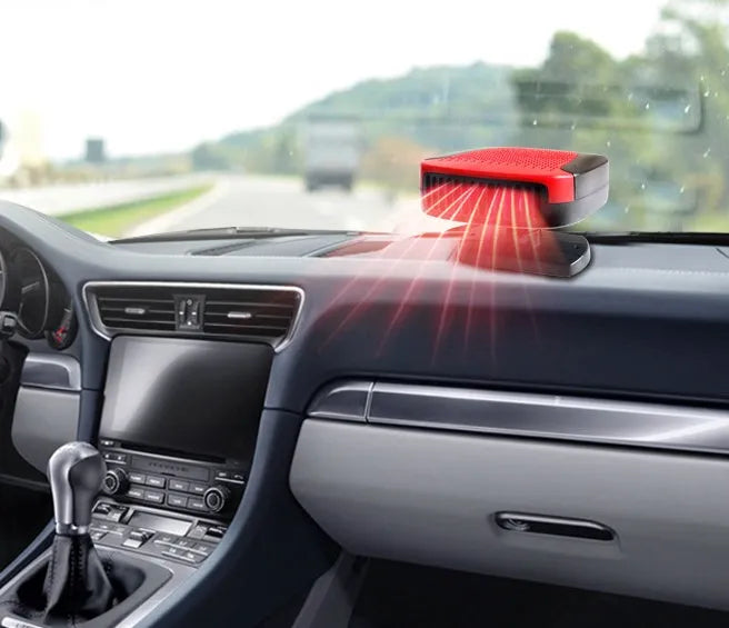 Grey 12V electric air heater for car with cold and warm settings, 150W, ABS housing, and adhesive fixing