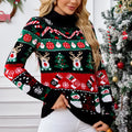 Women's long-sleeved slim-fit turtleneck sweater in black Christmas colour with animal pattern and contrast detail