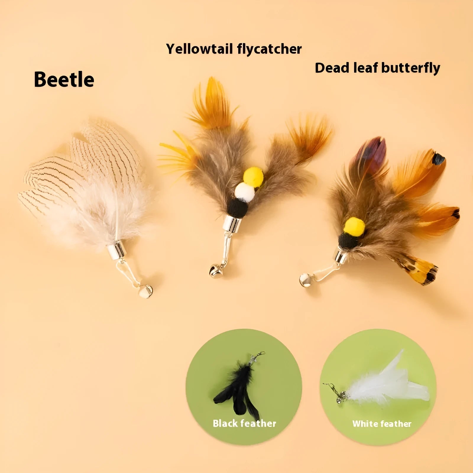 Three steel wire flying insect replacement heads for cat wand toys with assorted colour patterns