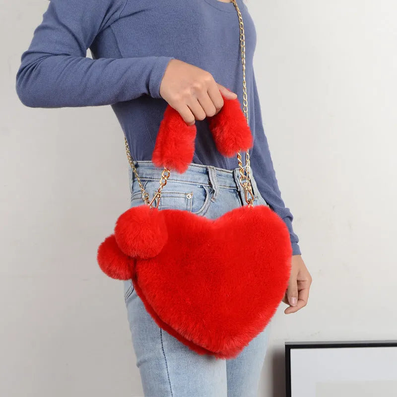 Heart-shaped plush women's handbag with single shoulder strap in Valentine's Day style