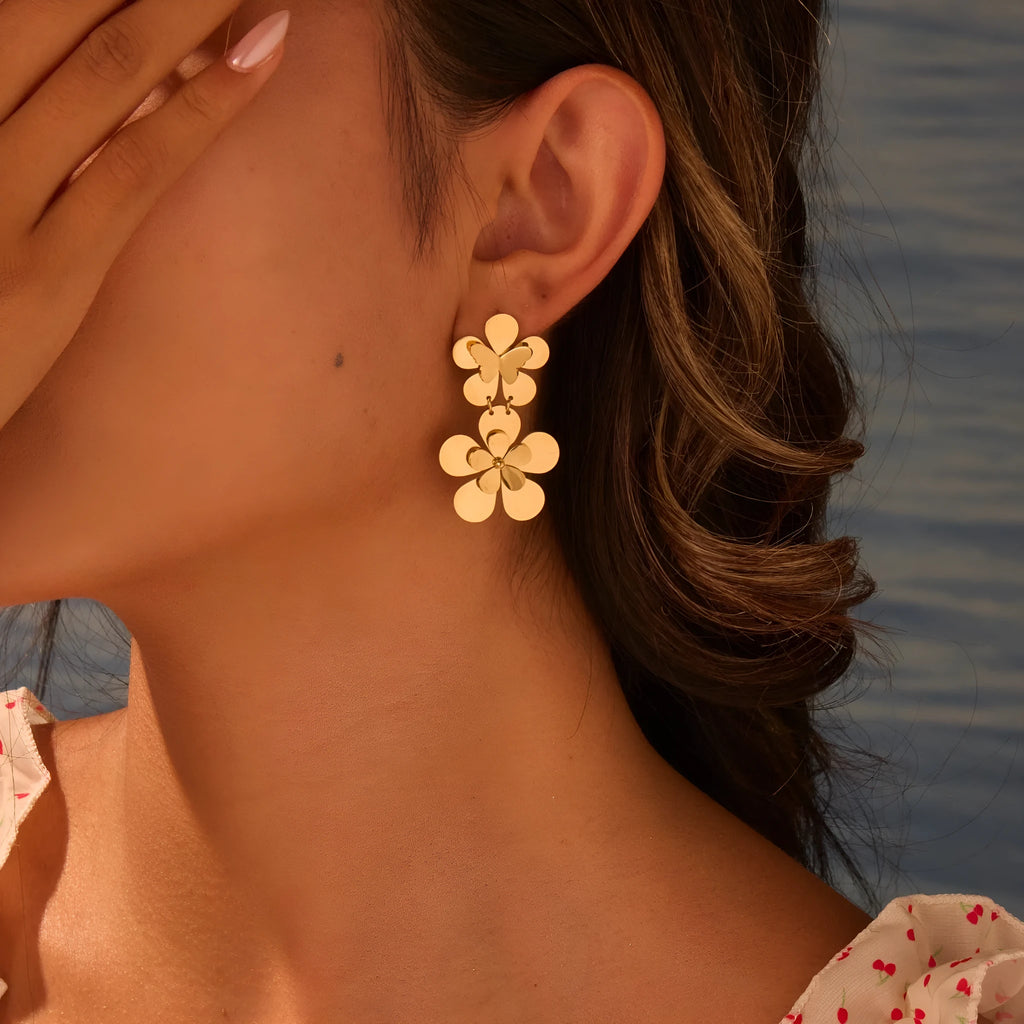 Gold flower butterfly stainless steel earrings with 18K electroplated finish for women