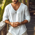 Beige men's slim-fit V-neck long-sleeved t-shirt made from hemp blend fabric