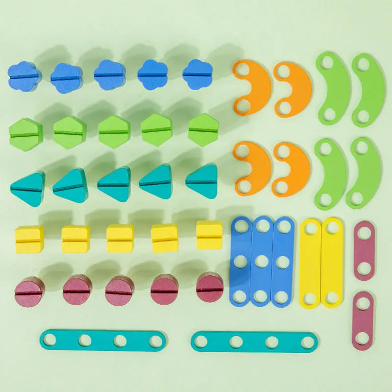 Wooden twist screw puzzle board with changeable shape and colour pieces for toddler matching game