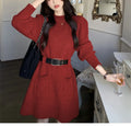 Long sleeve loose knitted base dress in beige with black belt, high-waist design, free size polyester women's dress