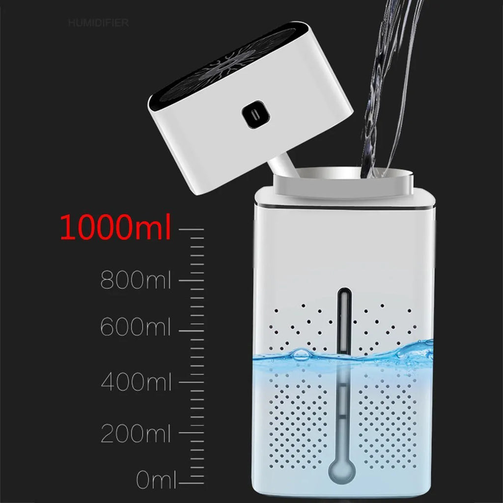 Black or white USB desktop humidifier with 1000ml tank for home office use.
