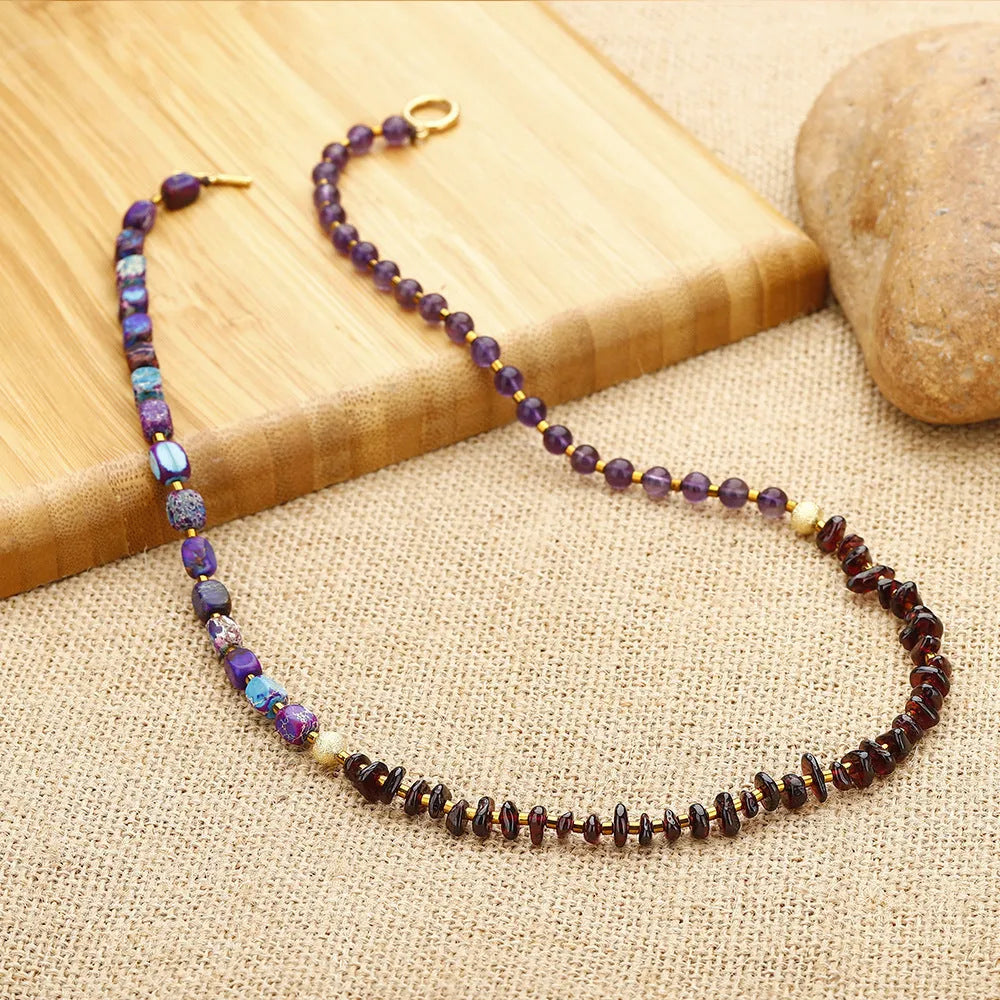 Natural amethyst round beads stone bracelet with garnet, purple colour, geometric shape, unisex style
