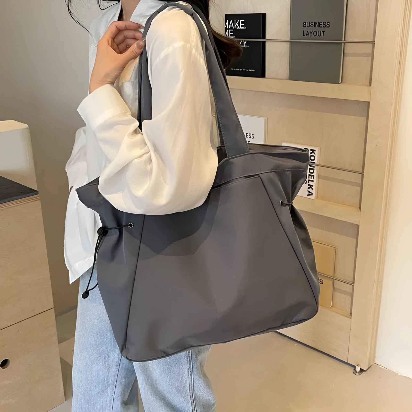 Soft Oxford cloth commuter shoulder tote bag in multiple colours with folding street trend design