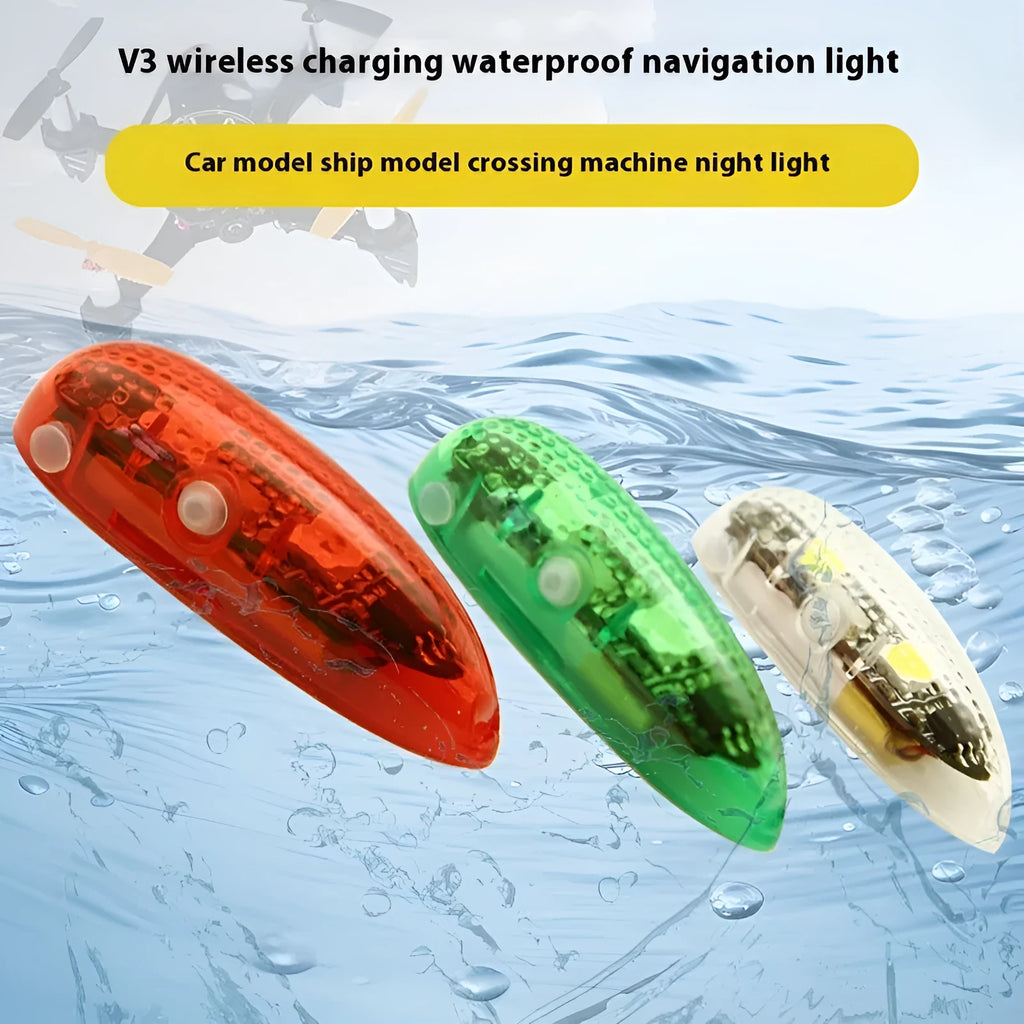 V3 wireless charging navigation light for model cars and boats, showing red, green, and white colour options.