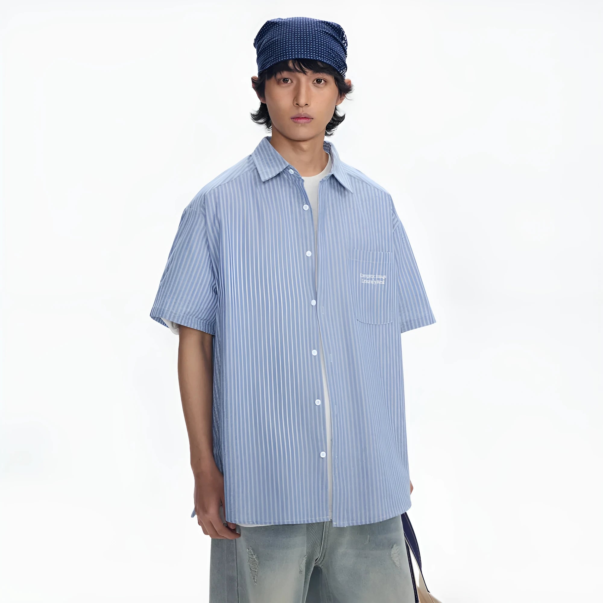 Blue striped short-sleeved overall shirt with loose fit cardigan style