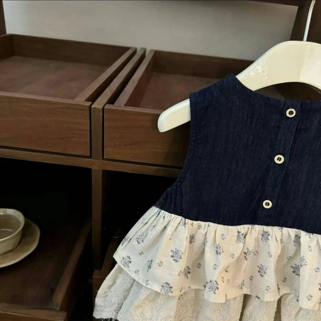 Sleeveless cotton denim skirt bandage cake dress for girls, solid colour with plaid stitching, available in 90-140 yards