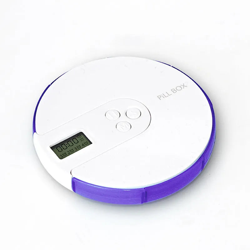 Blue 7-compartment alarm clock pill dispenser showing digital display and separate pill slots.