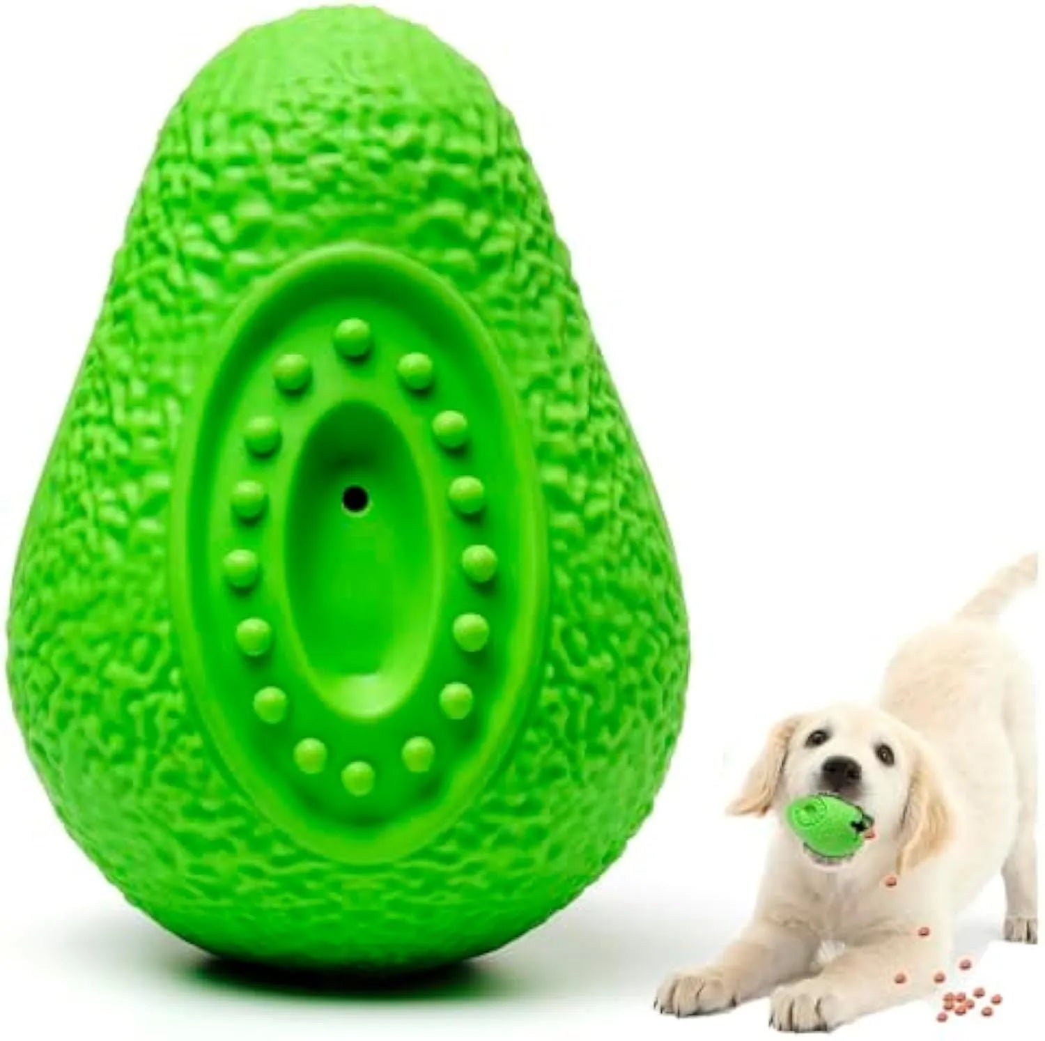 Green avocado-shaped rubber dog chew toy with textured surface for aggressive chewers