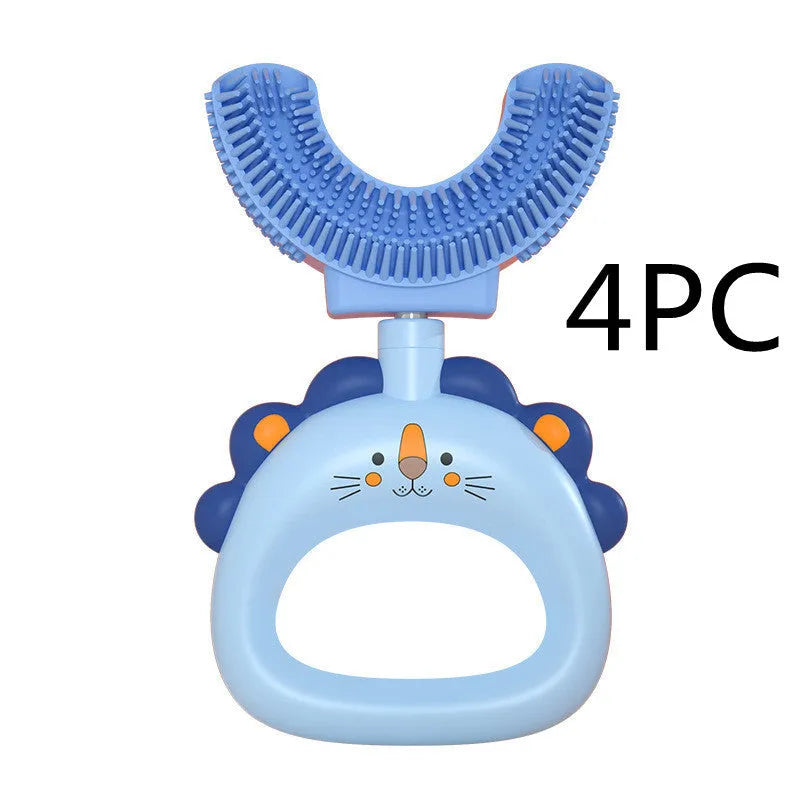 Children's U-shaped silicone toothbrush in blue or pink, little cute lion design, for ages 2-6 and 7-14, food grade silicone