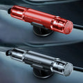 Black and red car emergency window breaker and seat belt cutter tool with mounting bracket on a grey background.