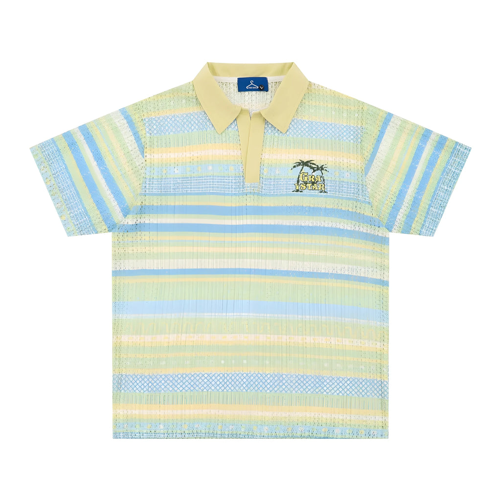 Blue and yellow versions of a men's loose-fit printed short sleeve shirt made from elastic fabric.