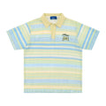 Blue and yellow versions of a men's loose-fit printed short sleeve shirt made from elastic fabric.