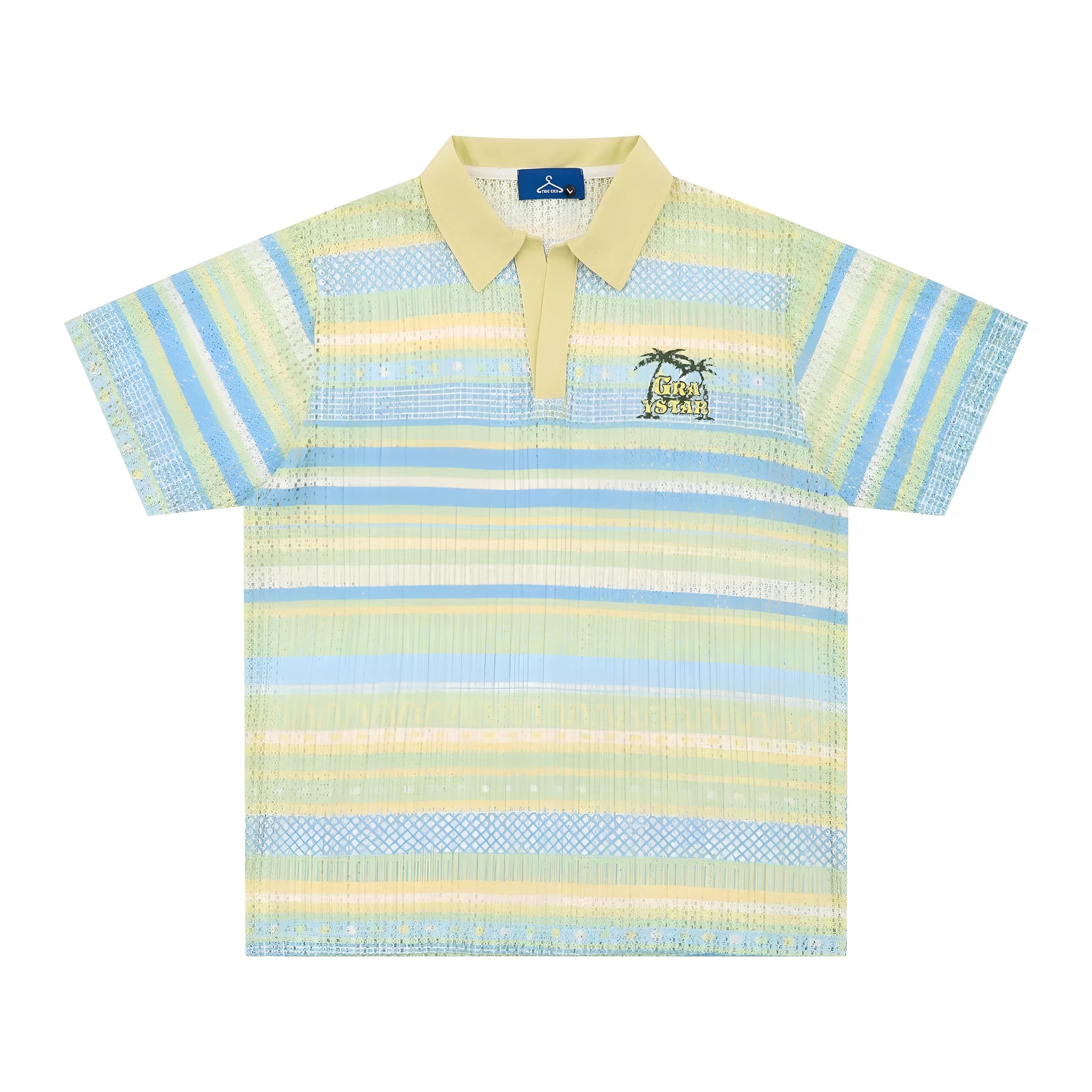 Blue and yellow versions of a men's loose-fit printed short sleeve shirt made from elastic fabric.