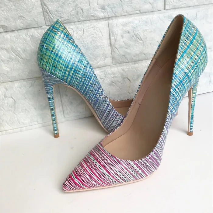 Pink to blue gradient patent leather pointed toe high heels with super-high heel