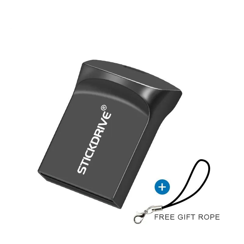 Metal USB flash drive on a keyring with options for necklace chain, shown in black and silver finishes.
