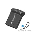 Metal USB flash drive on a keyring with options for necklace chain, shown in black and silver finishes.