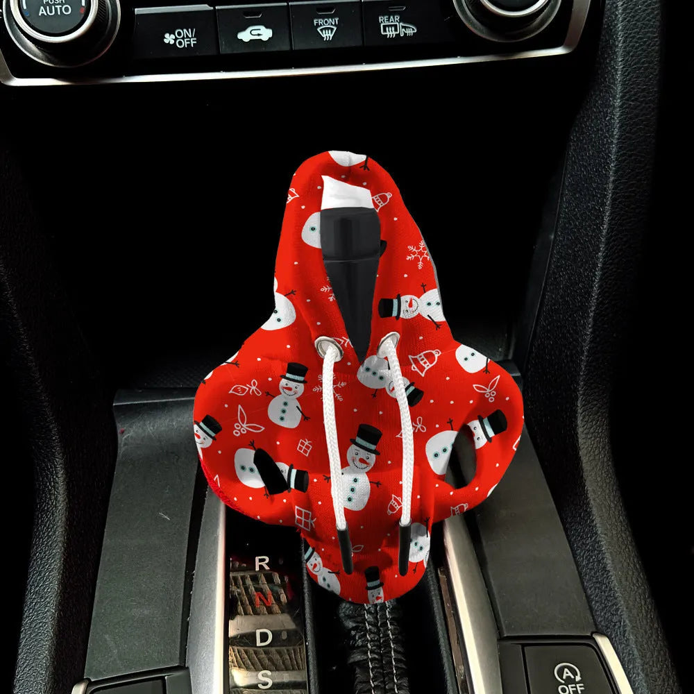 Thickened polyester car gear handle cover with red snowman Christmas design for dustproof decoration