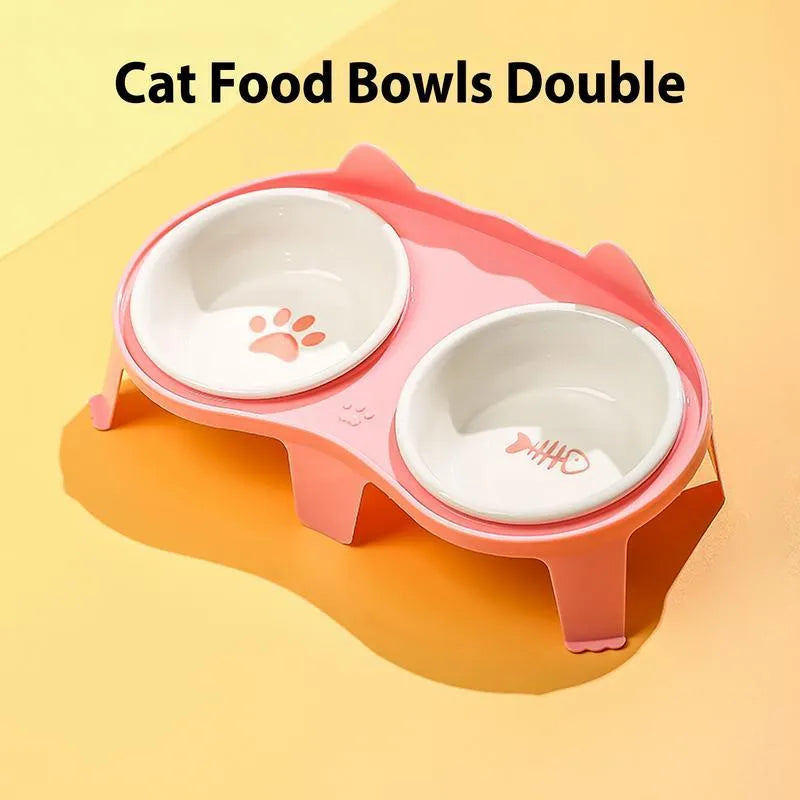 Ceramic cat food and water bowl set with elevated tilted stand in blue, pink, white, or yellow