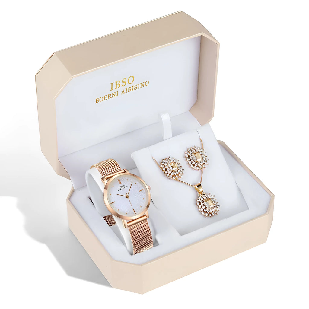 Women's quartz watch and jewellery set with 30mm dial, silver case, and stainless steel buckle, on a white background