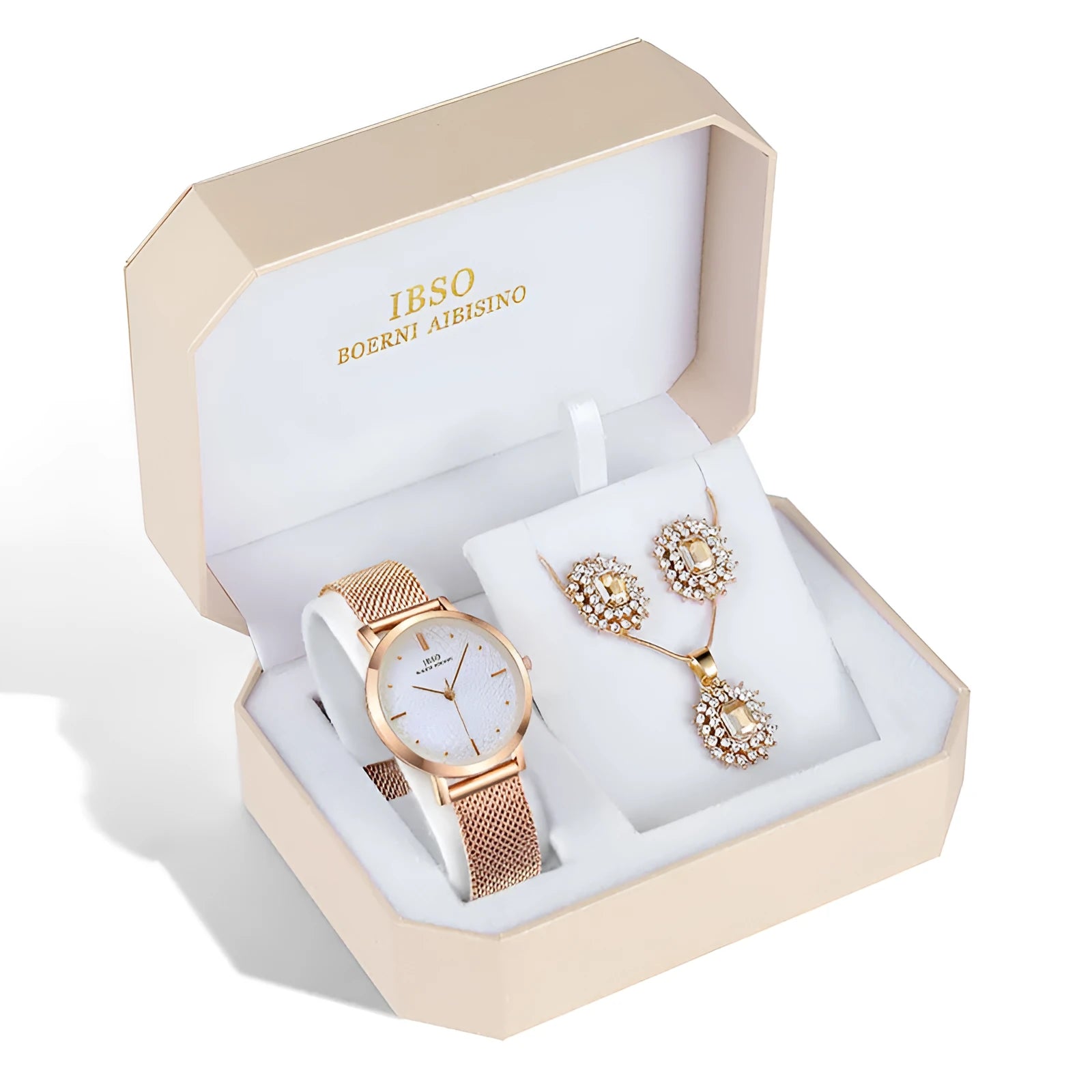 Women's quartz watch and jewellery set with 30mm dial, silver case, and stainless steel buckle, on a white background
