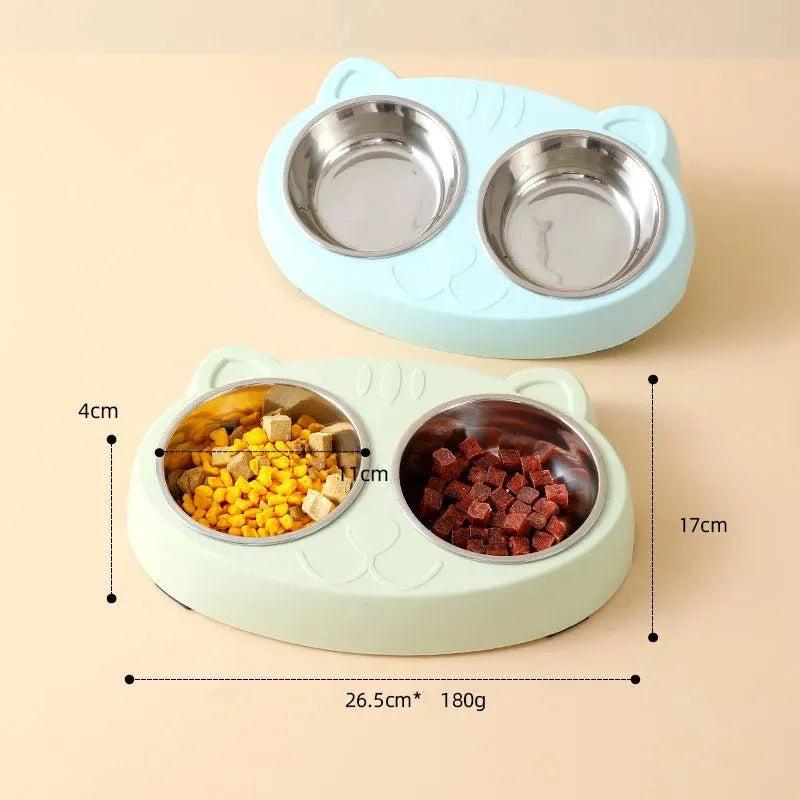 Blue macaron-shaped plastic pet feeder with two bowls for cat food and water