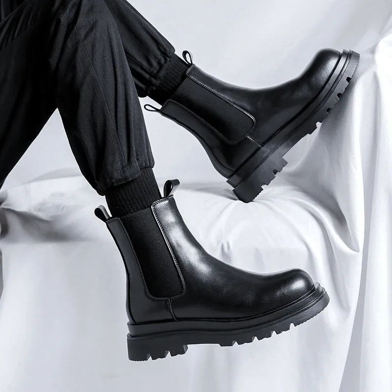 Chelsea men's high-top smoke pipe British Martin boots in Y666 black artificial PU leather with round toe and rubber sole.