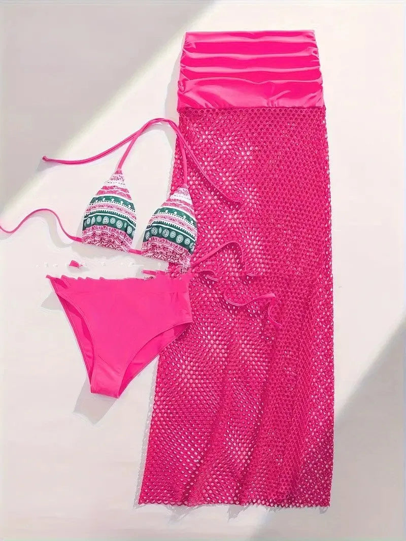Women's brown, pink, or black three-piece bikini set with a fishnet long skirt on a white background.