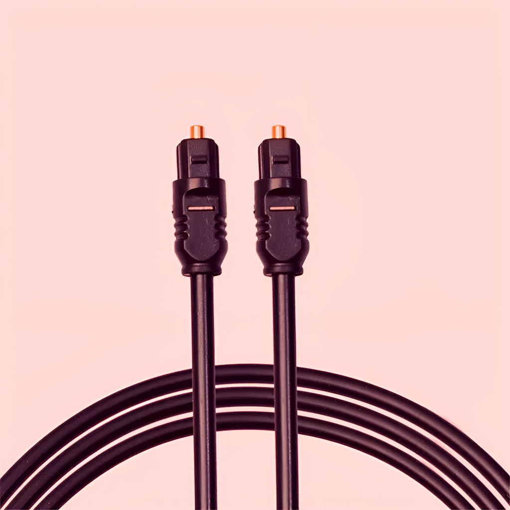Black Toslink optical audio cable with square connectors showing 2 metre length
