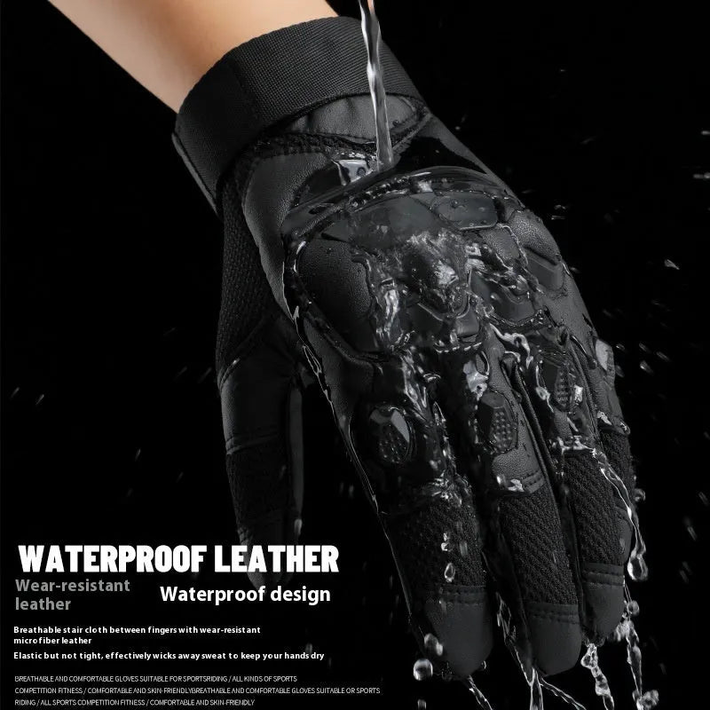 Men's black full finger tactical gloves with touch screen fingertips on a hand.