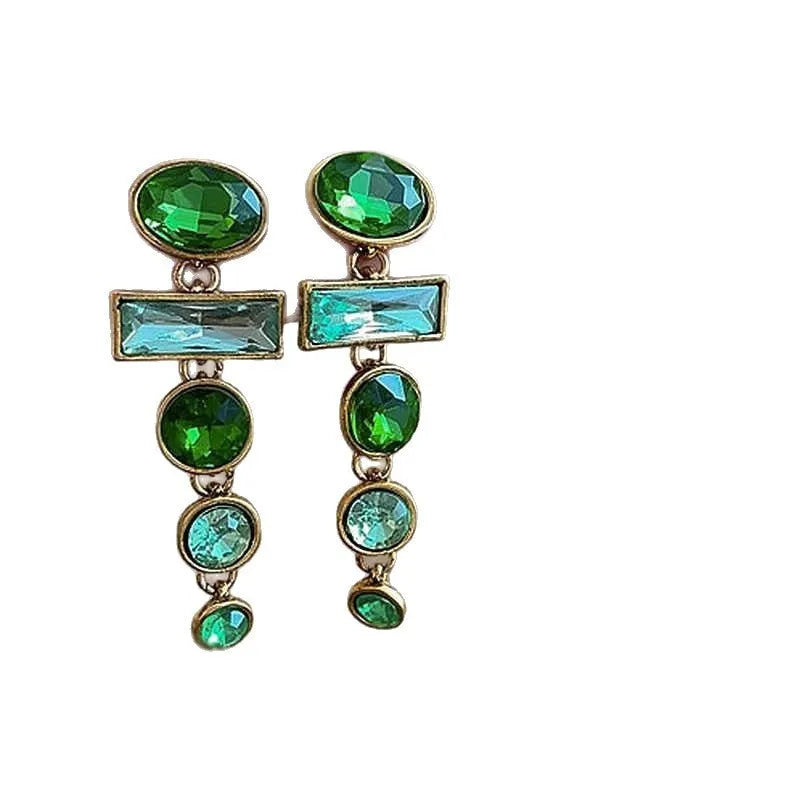 Green gradient tassel earrings with zircon inlaid detail and geometric Chinese retro style
