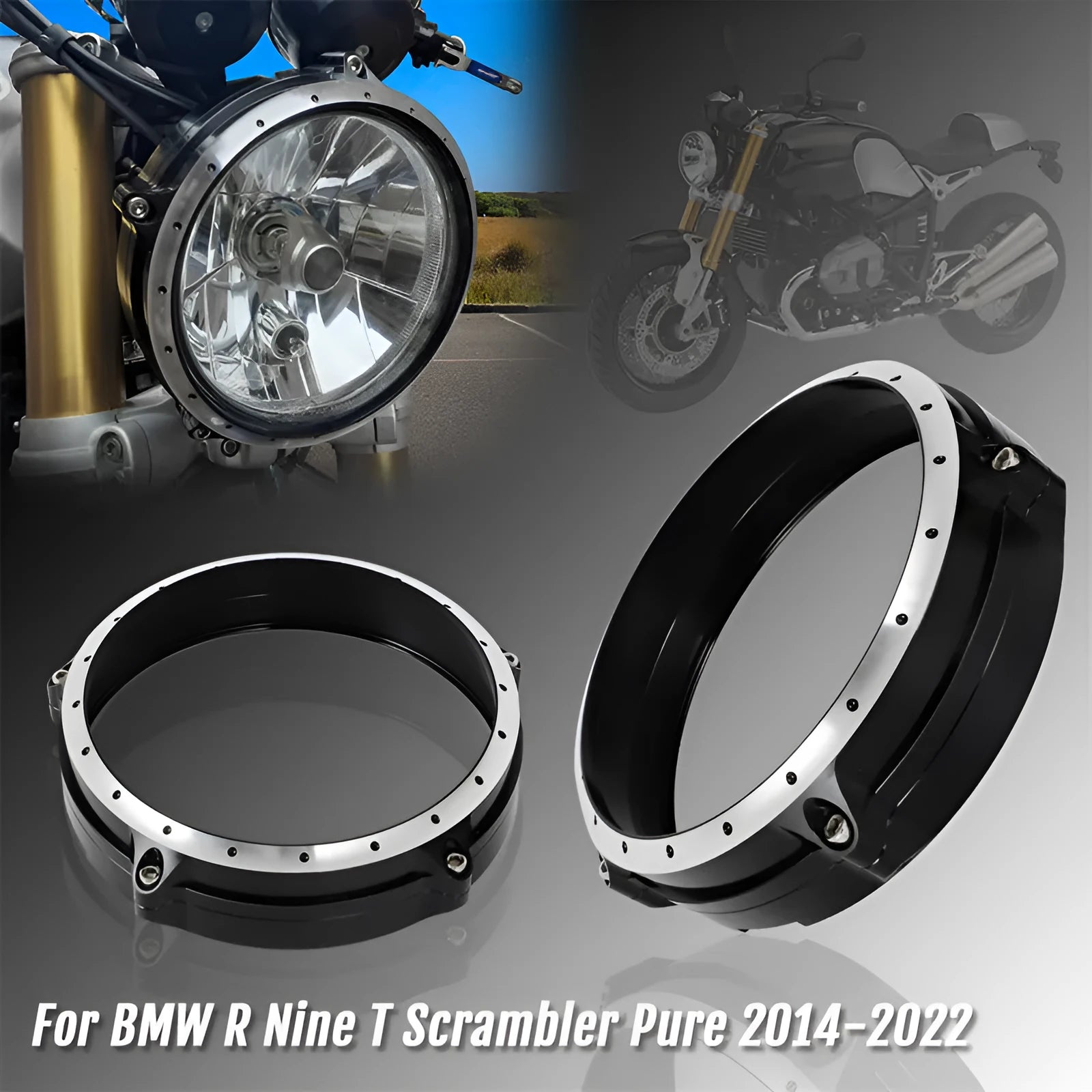 Black CNC aluminium headlight cover for BMW R nineT Scrambler motorcycle