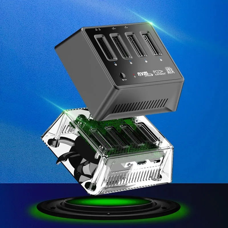 Aluminium M.2 dual protocol SSD enclosure for NVMe and SATA drives, tool-free design.