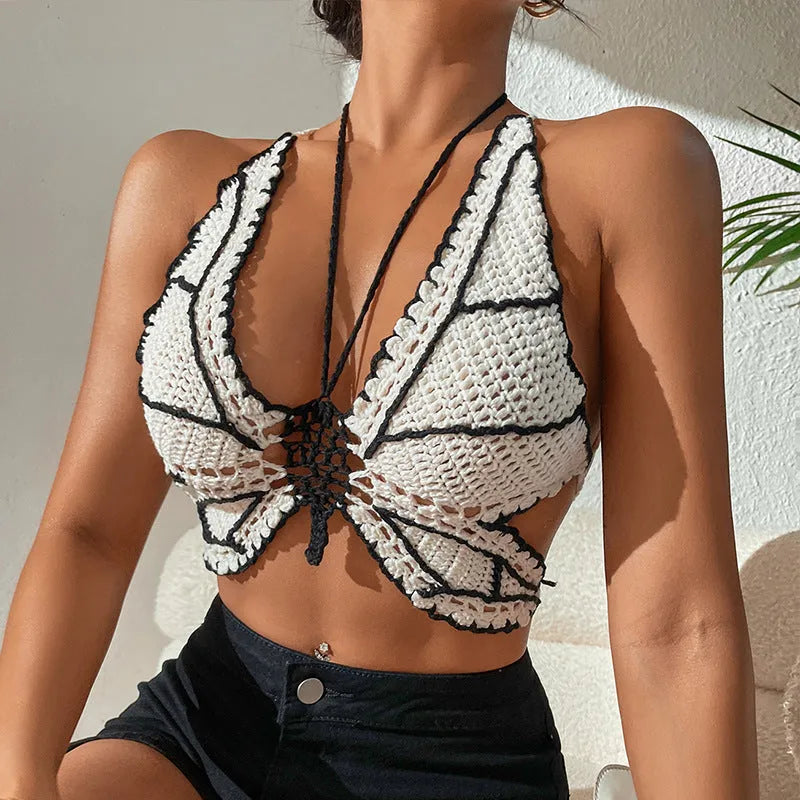 Women's black and white classic bikini swimsuit two-piece set with acrylic fabric free size