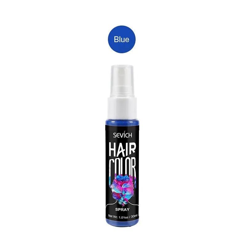 Disposable hair dye spray canister with temporary colour options in blue, grey, pink, purple, red, and white shades