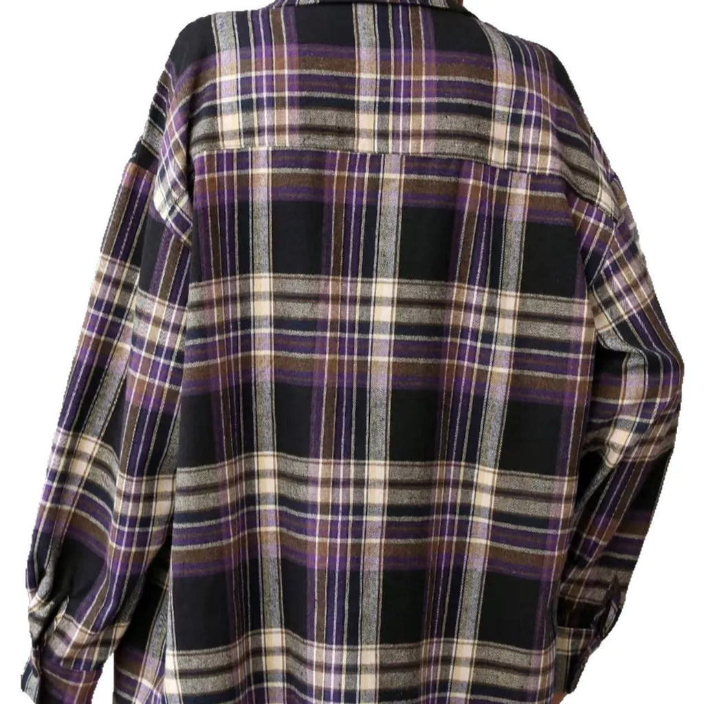 Women's loose fit retro plaid cotton shirt in black green purple colour options