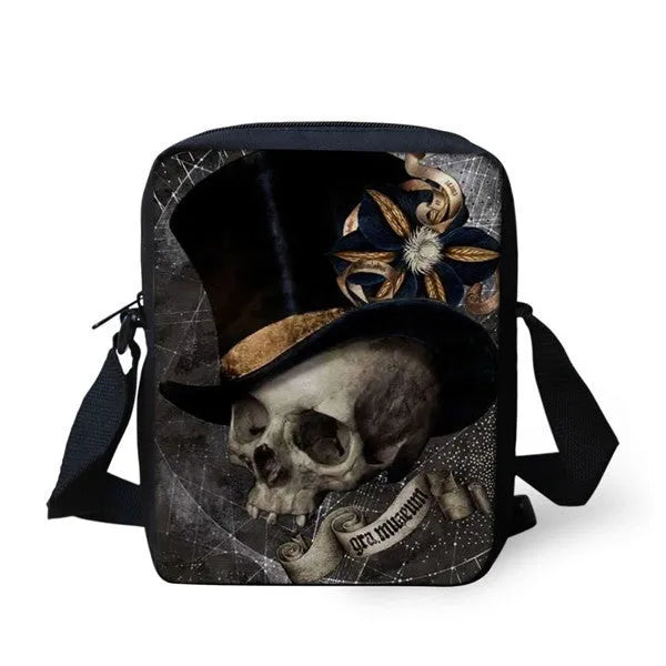Children's skull pattern messenger bag in polyester, showing double straps and zipper opening.