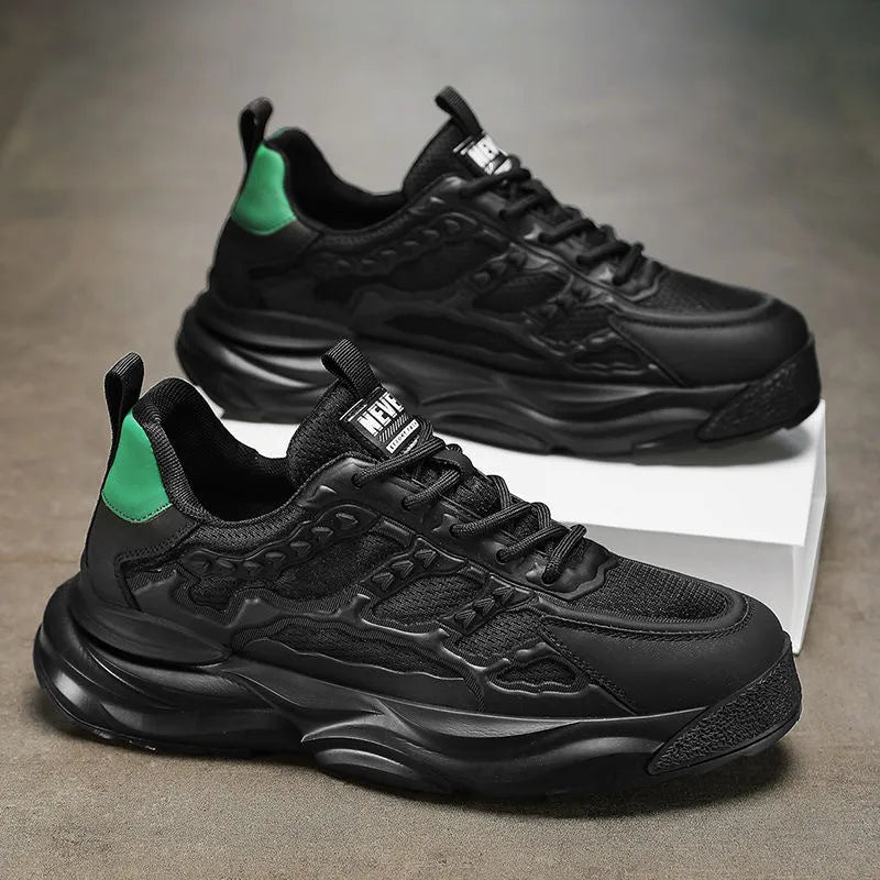 Men's white and black breathable mesh shoes with PU mesh upper and round toe design