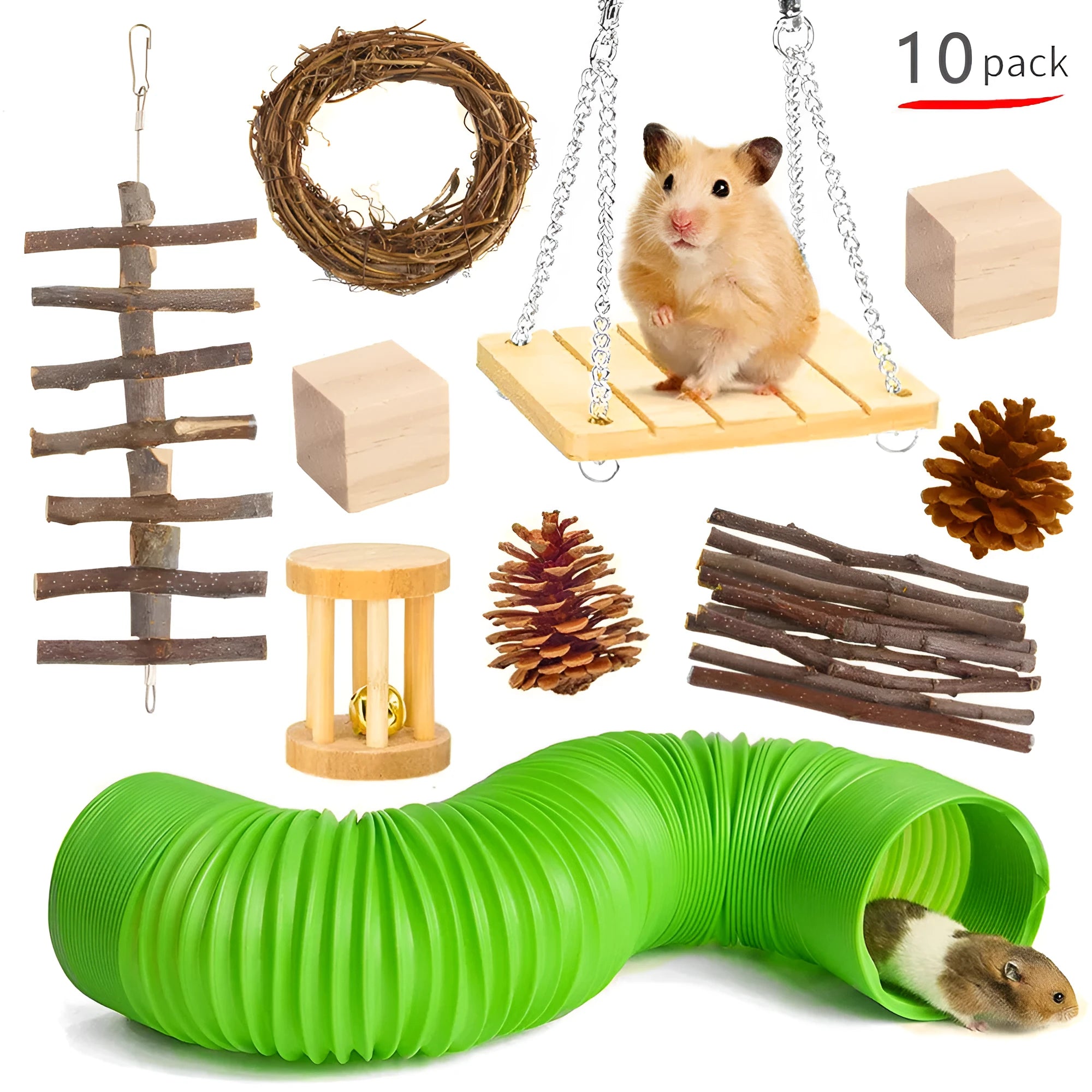 Wooden pet chewing toy set for rabbits guinea pigs parrots with multiple wooden components
