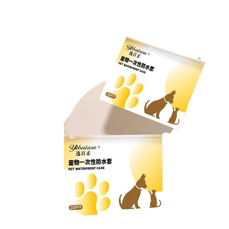 Pack of 20 white disposable waterproof shoe covers for small and medium dogs on a non-slip surface.