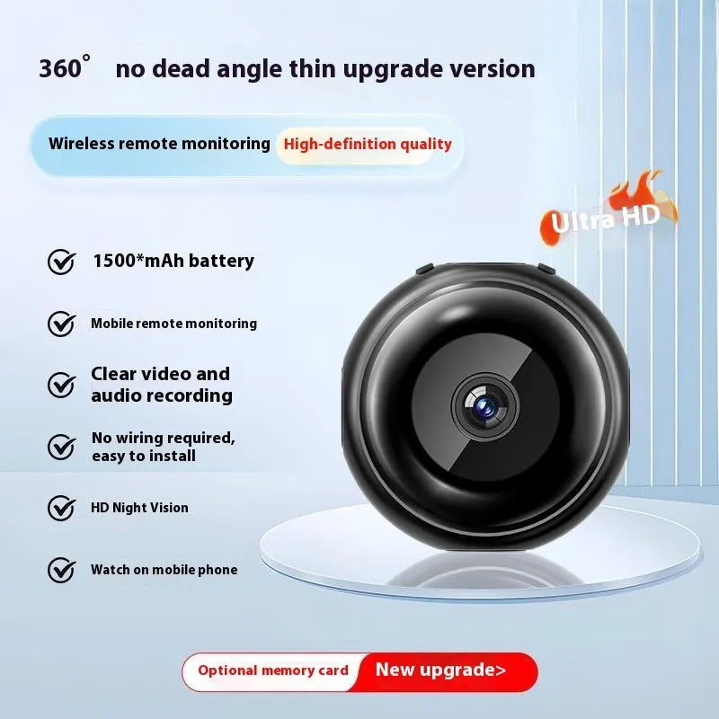 Wireless security camera with 360-degree rotation on a black stand showing HD night vision capability