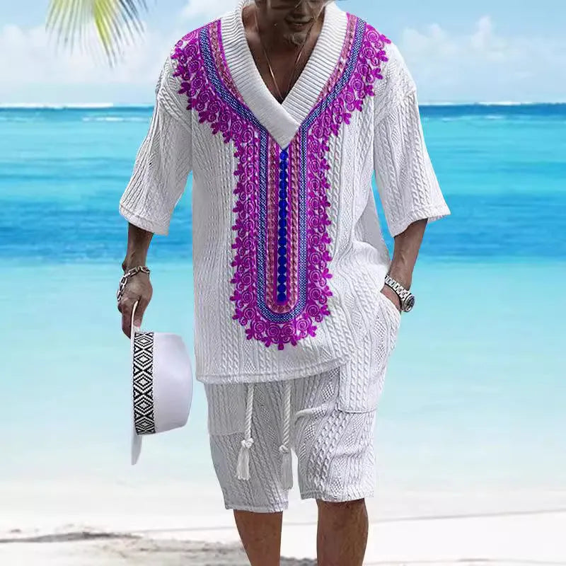 Men's knitted shorts suit with drop-shoulder short-sleeved top and matching shorts in printed design