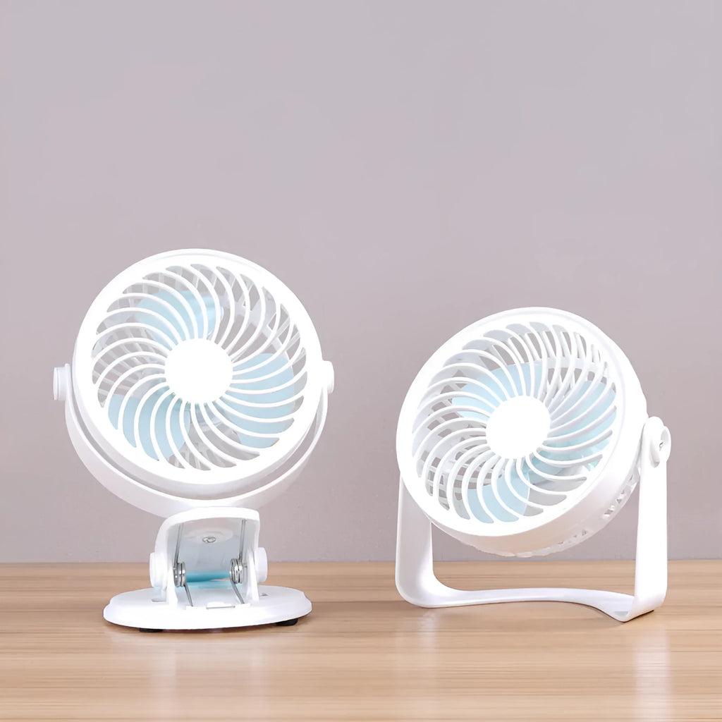 USB-powered quiet desktop fan with brushless motor in clip and floor style options