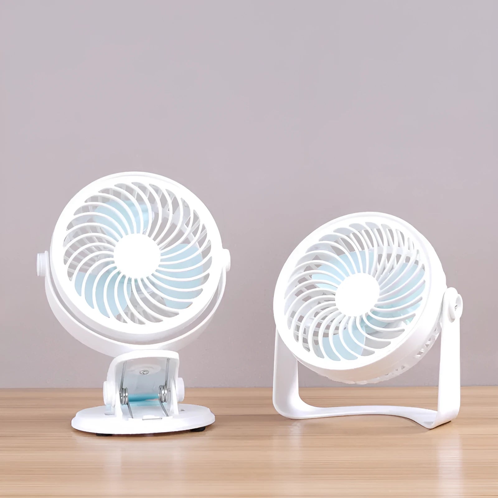 USB-powered quiet desktop fan with brushless motor in clip and floor style options