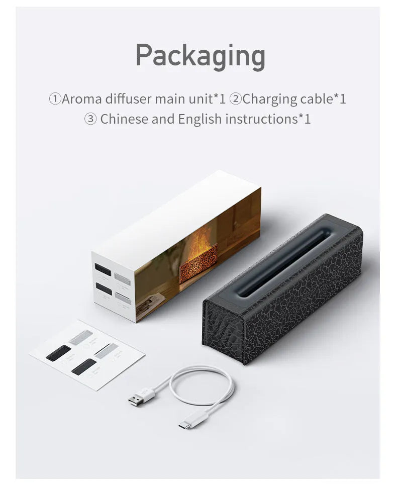 Square black creative lava USB humidifier and aroma diffuser with colourful LED flame lighting on a desk.