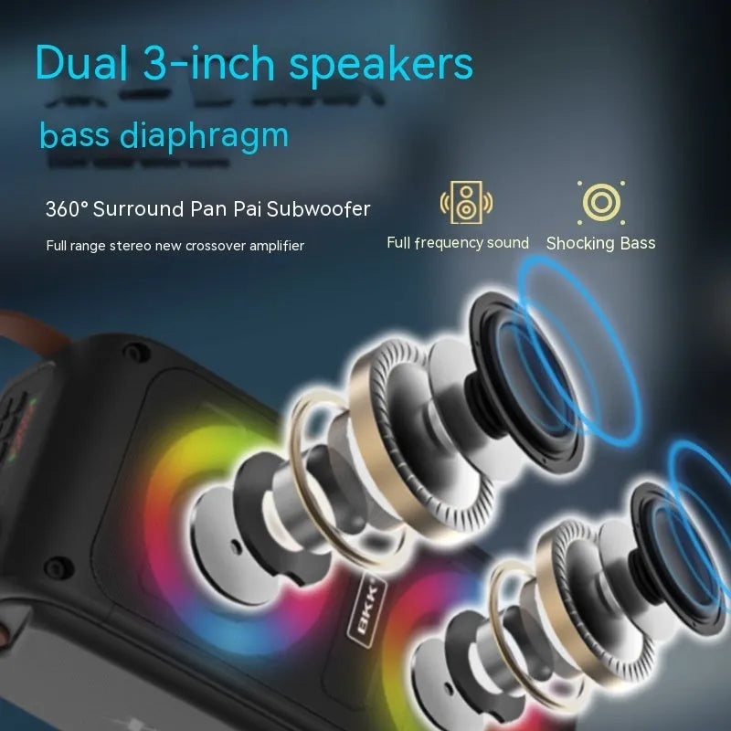 Portable Bluetooth speaker with colour light and radio in black plastic casing with button controls