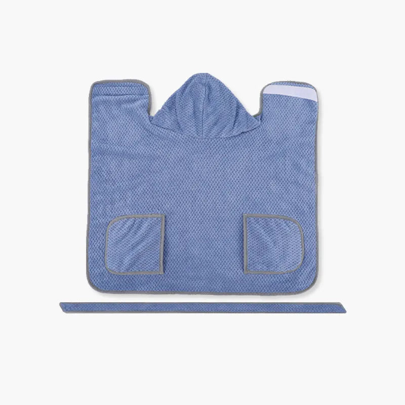 Blue quick drying dog bath robe towel with adjustable waistband placed on a fluffy mat
